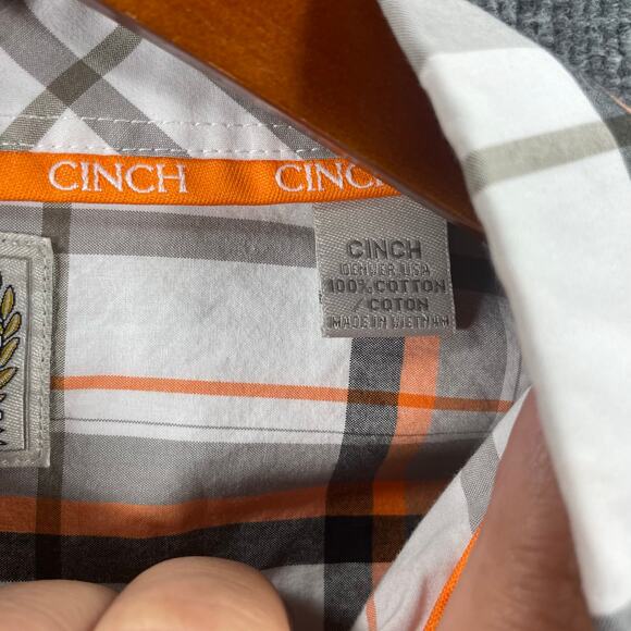 Cinch Button Down Western Shirt Men's Medium Orange/Black/White Plaid Cowboy - Picture 6 of 10